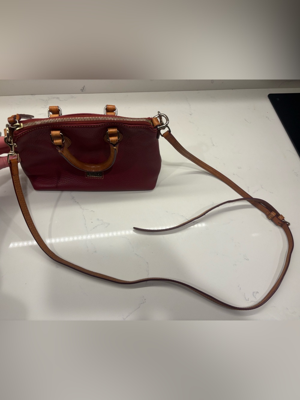 Dooney & Bourke Cherry Red Pebbled Leather Satchel with Tan Trim - Picture 5 of 5